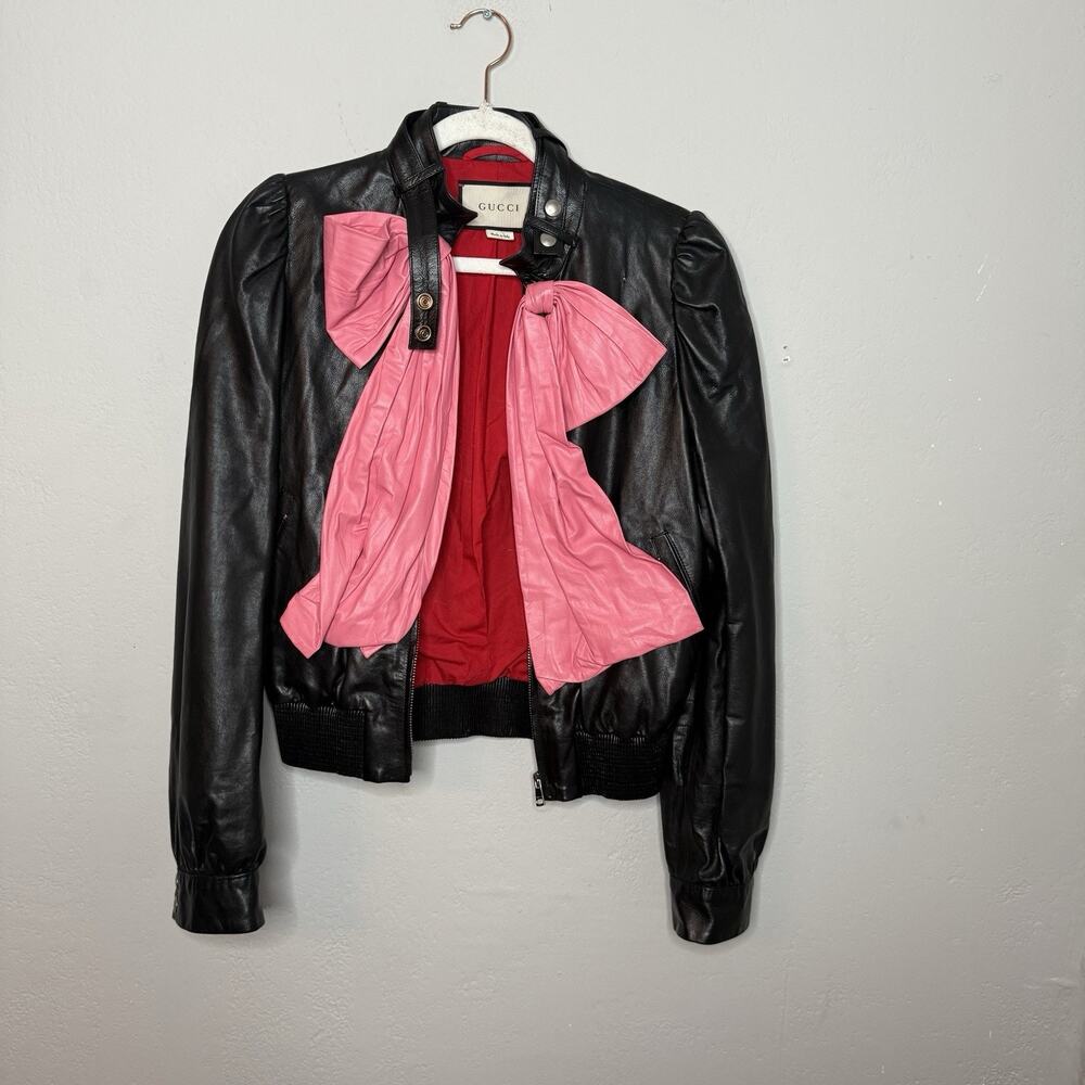 Gucci Black Leather Bomber Jacket Pink Bow Front Size 40 (4 US) - Picture 8 of 15